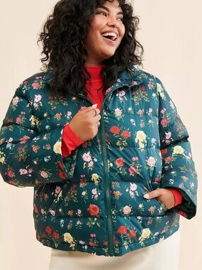 Rachel Antonoff Womens Jemma Rose Green Floral Parker Puffer Jacket Coat sz 2X